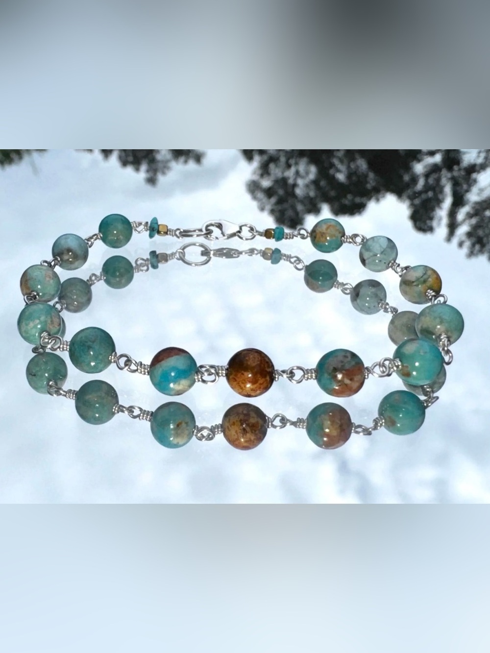 Genuine Turquoise Hand-linked Sterling Silver Bracelet